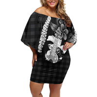 Hawaii Ukulele Family Matching Off Shoulder Short Dress and Hawaiian Shirt Tropical Flowers With Palaka Effect Black Version - Polynesian Pride