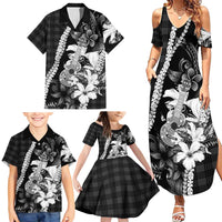 Hawaii Ukulele Family Matching Summer Maxi Dress and Hawaiian Shirt Tropical Flowers With Palaka Effect Black Version - Polynesian Pride