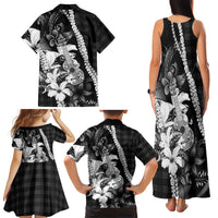 Hawaii Ukulele Family Matching Tank Maxi Dress and Hawaiian Shirt Tropical Flowers With Palaka Effect Black Version - Polynesian Pride