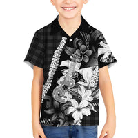 Hawaii Ukulele Family Matching Tank Maxi Dress and Hawaiian Shirt Tropical Flowers With Palaka Effect Black Version - Polynesian Pride