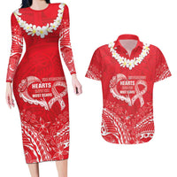 Heart Health Awareness Couples Matching Long Sleeve Bodycon Dress and Hawaiian Shirt Polynesian Red Ribbon LT05 Red - Polynesian Pride