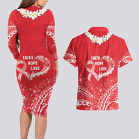 Heart Health Awareness Couples Matching Long Sleeve Bodycon Dress and Hawaiian Shirt Polynesian Red Ribbon LT05 - Polynesian Pride