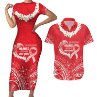 Heart Health Awareness Couples Matching Short Sleeve Bodycon Dress and Hawaiian Shirt Polynesian Red Ribbon LT05 Red - Polynesian Pride