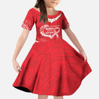 Heart Health Awareness Family Matching Off The Shoulder Long Sleeve Dress and Hawaiian Shirt Polynesian Red Ribbon LT05 Daughter's Dress Red - Polynesian Pride