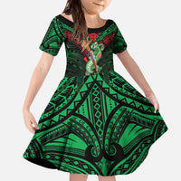 New Zealand ANZAC Day Family Matching Off The Shoulder Long Sleeve Dress and Hawaiian Shirt Aotearoa Hei Tiki LT05 Daughter's Dress Green - Polynesian Pride