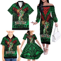 New Zealand ANZAC Day Family Matching Off The Shoulder Long Sleeve Dress and Hawaiian Shirt Aotearoa Hei Tiki LT05 - Polynesian Pride