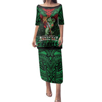 New Zealand ANZAC Day Family Matching Puletasi and Hawaiian Shirt Aotearoa Hei Tiki LT05 Mom's Dress Green - Polynesian Pride