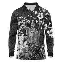 Hawaii King Kamehameha Day Long Sleeve Polo Shirt Polynesian Pattern Mix Hibiscus Black LT05 Black - Polynesian Pride