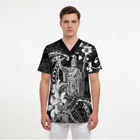 Hawaii King Kamehameha Day Scrub Top Polynesian Pattern Mix Hibiscus Black - Polynesian Pride