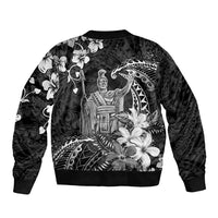 Hawaii King Kamehameha Day Sleeve Zip Bomber Jacket Polynesian Pattern Mix Hibiscus Black