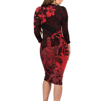 Hawaii King Kamehameha Day Family Matching Long Sleeve Bodycon Dress and Hawaiian Shirt Polynesian Pattern Mix Hibiscus Red LT05 - Polynesian Pride