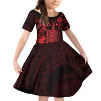 Hawaii King Kamehameha Day Family Matching Off Shoulder Short Dress and Hawaiian Shirt Polynesian Pattern Mix Hibiscus Red