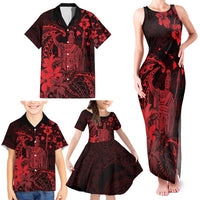 Hawaii King Kamehameha Day Family Matching Tank Maxi Dress and Hawaiian Shirt Polynesian Pattern Mix Hibiscus Red LT05 - Polynesian Pride