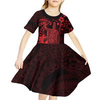 Hawaii King Kamehameha Day Kid Short Sleeve Dress Polynesian Pattern Mix Hibiscus Red