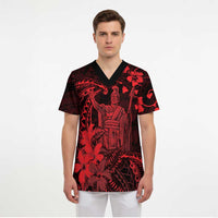 Hawaii King Kamehameha Day Scrub Top Polynesian Pattern Mix Hibiscus Red - Polynesian Pride
