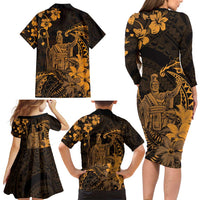 Hawaii King Kamehameha Day Family Matching Long Sleeve Bodycon Dress and Hawaiian Shirt Polynesian Pattern Mix Hibiscus Gold LT05 - Polynesian Pride