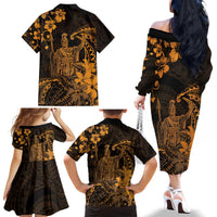 Hawaii King Kamehameha Day Family Matching Off The Shoulder Long Sleeve Dress and Hawaiian Shirt Polynesian Pattern Mix Hibiscus Gold LT05 - Polynesian Pride