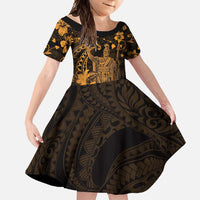 Hawaii King Kamehameha Day Family Matching Off Shoulder Maxi Dress and Hawaiian Shirt Polynesian Pattern Mix Hibiscus Gold LT05 Daughter's Dress Gold - Polynesian Pride