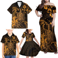 Hawaii King Kamehameha Day Family Matching Off Shoulder Maxi Dress and Hawaiian Shirt Polynesian Pattern Mix Hibiscus Gold LT05 - Polynesian Pride