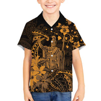 Hawaii King Kamehameha Day Family Matching Off Shoulder Maxi Dress and Hawaiian Shirt Polynesian Pattern Mix Hibiscus Gold LT05 Son's Shirt Gold - Polynesian Pride