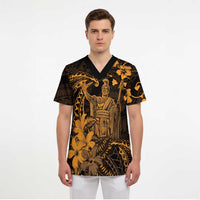 Hawaii King Kamehameha Day Scrub Top Polynesian Pattern Mix Hibiscus Gold - Polynesian Pride