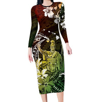 Hawaii King Kamehameha Day Family Matching Long Sleeve Bodycon Dress and Hawaiian Shirt Polynesian Pattern Mix Hibiscus Reggae LT05 Mom's Dress Reggae - Polynesian Pride