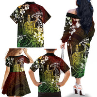 Hawaii King Kamehameha Day Family Matching Off The Shoulder Long Sleeve Dress and Hawaiian Shirt Polynesian Pattern Mix Hibiscus Reggae LT05 - Polynesian Pride