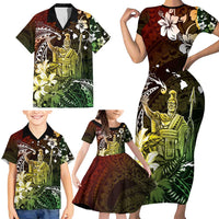Hawaii King Kamehameha Day Family Matching Short Sleeve Bodycon Dress and Hawaiian Shirt Polynesian Pattern Mix Hibiscus Reggae LT05 - Polynesian Pride