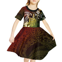 Hawaii King Kamehameha Day Kid Short Sleeve Dress Polynesian Pattern Mix Hibiscus Reggae LT05 - Polynesian Pride