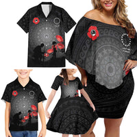 Cook Islands ANZAC Day Family Matching Off Shoulder Short Dress and Hawaiian Shirt Soldier Silhouette Remembrance LT05 - Polynesian Pride
