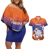 Marshall Islands Fishermen's Day Couples Matching Off Shoulder Short Dress and Hawaiian Shirt It's Fishing Time LT05 Orange - Polynesian Pride