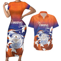 Marshall Islands Fishermen's Day Couples Matching Short Sleeve Bodycon Dress and Hawaiian Shirt It's Fishing Time LT05 Orange - Polynesian Pride