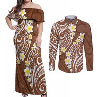 Plumeria With Brown Polynesian Tattoo Pattern Couples Matching Off Shoulder Maxi Dress and Long Sleeve Button Shirt LT05 Brown - Polynesian Pride