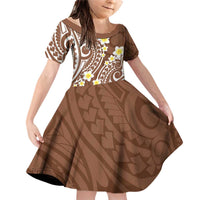Plumeria With Brown Polynesian Tattoo Pattern Family Matching Off Shoulder Short Dress and Hawaiian Shirt
