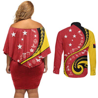Papua New Guinea Independence Couples Matching Off Shoulder Short Dress and Long Sleeve Button Shirt Special Style Red Version LT05 - Polynesian Pride