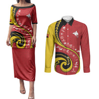 Papua New Guinea Independence Couples Matching Puletasi and Long Sleeve Button Shirt Special Style Red Version LT05 Red - Polynesian Pride