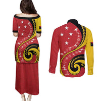 Papua New Guinea Independence Couples Matching Puletasi and Long Sleeve Button Shirt Special Style Red Version LT05 - Polynesian Pride