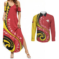 Papua New Guinea Independence Couples Matching Summer Maxi Dress and Long Sleeve Button Shirt Special Style Red Version LT05 Red - Polynesian Pride