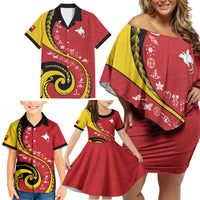 Papua New Guinea Independence Family Matching Off Shoulder Short Dress and Hawaiian Shirt Special Style Red Version LT05 - Polynesian Pride