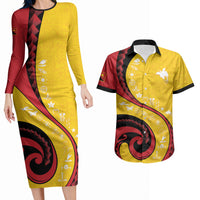 Papua New Guinea Independence Couples Matching Long Sleeve Bodycon Dress and Hawaiian Shirt Special Style Yellow Version LT05 Yellow - Polynesian Pride