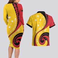 Papua New Guinea Independence Couples Matching Long Sleeve Bodycon Dress and Hawaiian Shirt Special Style Yellow Version LT05 - Polynesian Pride
