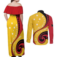 Papua New Guinea Independence Couples Matching Off Shoulder Maxi Dress and Long Sleeve Button Shirt Special Style Yellow Version LT05 - Polynesian Pride