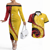 Papua New Guinea Independence Couples Matching Off The Shoulder Long Sleeve Dress and Hawaiian Shirt Special Style Yellow Version LT05 Yellow - Polynesian Pride