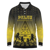 Personalised Palau Independence Day Long Sleeve Polo Shirt Palauan Tattoo Pattern LT05 Black - Polynesian Pride