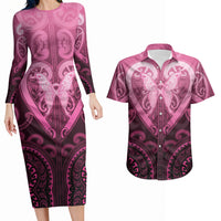 Aotearoa Breast Cancer Couples Matching Long Sleeve Bodycon Dress and Hawaiian Shirt Maori Tribal Pattern LT05 Pink - Polynesian Pride