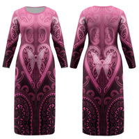 Aotearoa Breast Cancer Couples Matching Long Sleeve Bodycon Dress and Hawaiian Shirt Maori Tribal Pattern LT05 - Polynesian Pride