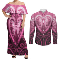 Aotearoa Breast Cancer Couples Matching Off Shoulder Maxi Dress and Long Sleeve Button Shirt Maori Tribal Pattern LT05 Pink - Polynesian Pride