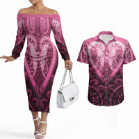 Aotearoa Breast Cancer Couples Matching Off The Shoulder Long Sleeve Dress and Hawaiian Shirt Maori Tribal Pattern LT05 Pink - Polynesian Pride