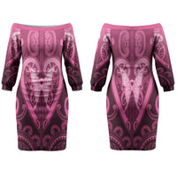 Aotearoa Breast Cancer Couples Matching Off The Shoulder Long Sleeve Dress and Hawaiian Shirt Maori Tribal Pattern LT05 - Polynesian Pride