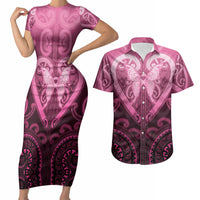 Aotearoa Breast Cancer Couples Matching Short Sleeve Bodycon Dress and Hawaiian Shirt Maori Tribal Pattern LT05 Pink - Polynesian Pride
